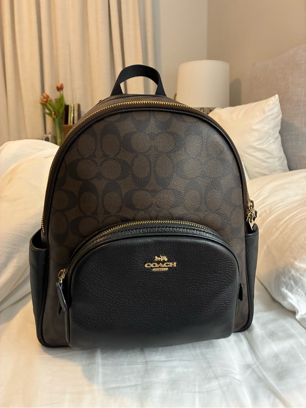 Coach Monogram Backpack in Brown and Black with Gold Hardware